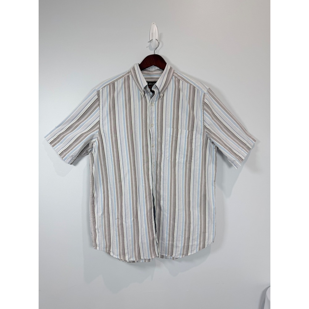 Eddie Bauer Men Large Tall Short Sleeve Button Down Shirt Striped Blue Brown L T